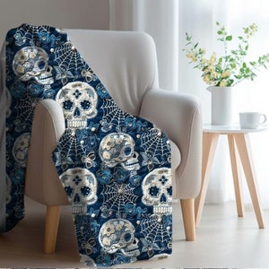 Skull Throw Blanket, Skeleton Gothic Throw Blanket, Faux Denim, Embroifery, and Lace Skulls Throw Blanket, Sugar Skulls Couch Throw