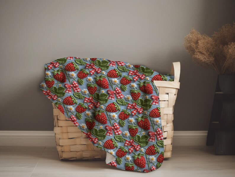 May include: A woven basket filled with a blue fabric featuring a repeating pattern of red strawberries and white flowers. The fabric has a light blue background with a white border.
