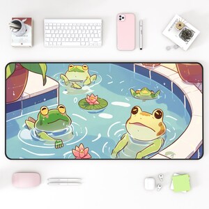 Kawaii Frog Desk Mat, Frogs in Fountain, Lofi Desk Mat, Cute Desk Accessories, Kawaii Desk Decor, Green Desk Mat, Blue Desk Mat, Gaming Pad