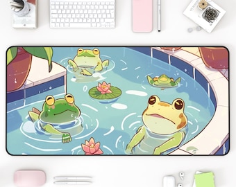 Tapete de escritorio de rana Kawaii, Ranas en fuente, Tapete de escritorio Lofi, Accesorios de escritorio lindos, Decoración de escritorio Kawaii, Tapete de escritorio verde, Tapete de escritorio azul, Almohadilla para juegos