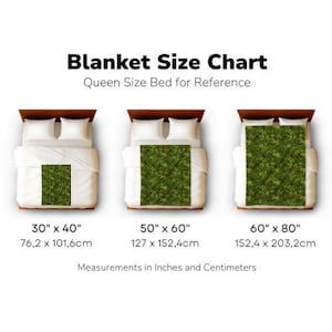 May include: Blanket size chart showing three different sizes of blankets on a queen-sized bed. The sizes are 30 inches by 40 inches, 50 inches by 60 inches, and 60 inches by 80 inches. The measurements are also provided in centimeters.