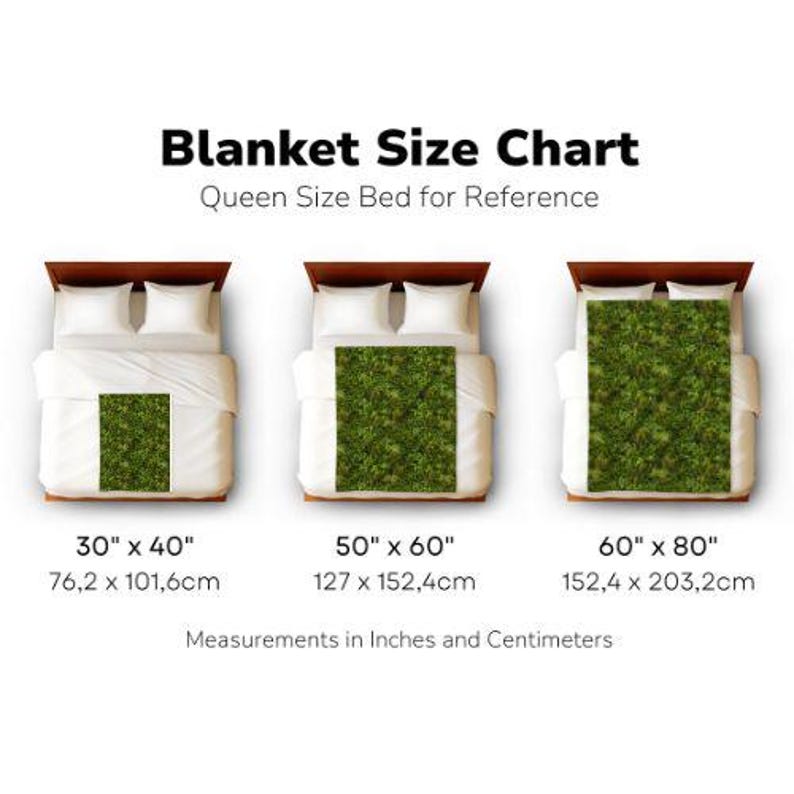 May include: Blanket size chart showing three different sizes of blankets on a queen-sized bed. The sizes are 30 inches by 40 inches, 50 inches by 60 inches, and 60 inches by 80 inches. The measurements are also provided in centimeters.