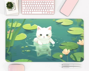 Kawaii Bureaumat, Schattige Kat Bureaumat, Lofi Bureaumat, Schattige Bureau Accessoires, Kawaii Bureau Decor, Groene Bureau Mat, Lily Pad Thema Gaming Pad