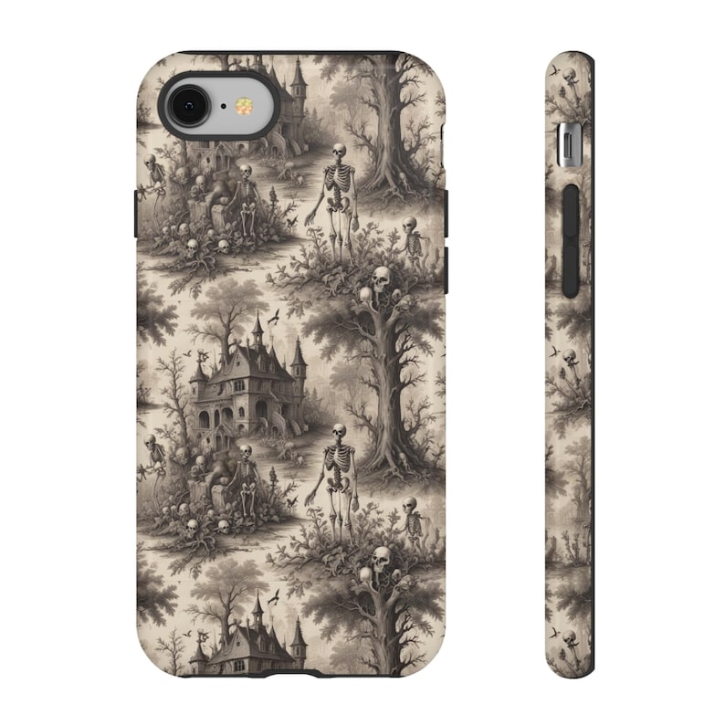 Funda de Halloween con diseño de Toile de Jouy, diseño gótico de esqueleto personalizado, funda protectora gótica para iPhone 17, Samsung 24 y 25 imagen 9