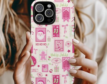 Christmas Phone Cover Coquette iPhone Tough Case Whimsical Pink Santa & Gingerbread Holiday Design Doodle Frames Preppy Vibe iPhone 17