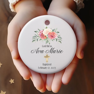 Personalized Baptism Cross Ornament, Baptism Gift for Girl, Goddaughter Christmas Gift, God Bless, Christening Ornament for Girl