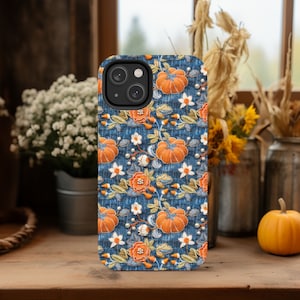 Pumpkin Phone Case, Faux Denim Faux Embroidery Fall Cell Phone Case, Unique Phone Cover, Cute iPhone, Google Pixel, Samsung Phone Cases