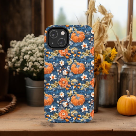 Pumpkin Phone Case, Faux Denim Faux Embroidery Fall Cell Phone Case, Unique Phone Cover, Cute iPhone, Google Pixel, Samsung Phone Cases