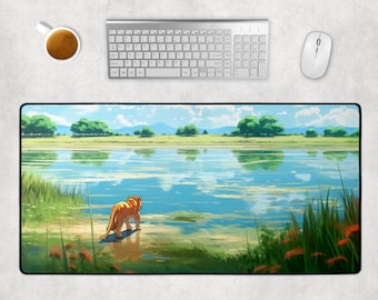 Kawaii Bureaumat, Lofi Bureaumat, Leeuw, Tiger Lake Savannah, Kawaii Bureau Decor, Groene Bureaumat, Anime Gaming Pad, Grote Bureaumat Neopreen Terug