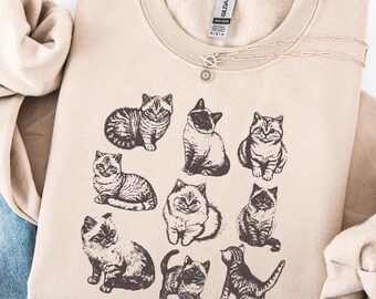 Vintage Kitten Illustration Sweatshirt & Hoodie, Cozy Cat Lover Pullover, Cute Kittens Crewneck, Gift for Cat Mom | Neutral Aesthetic