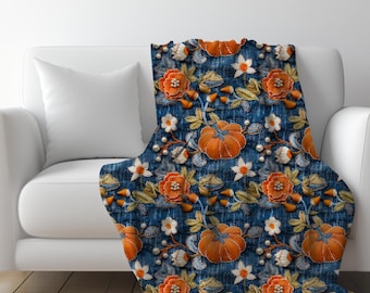 Fall Throw Blanket, Faux Denim and Faux Embroidery Pumpkins and Autumn Flowers Blanket, Couch Throw for Fall, Cottagecore Fall Decor