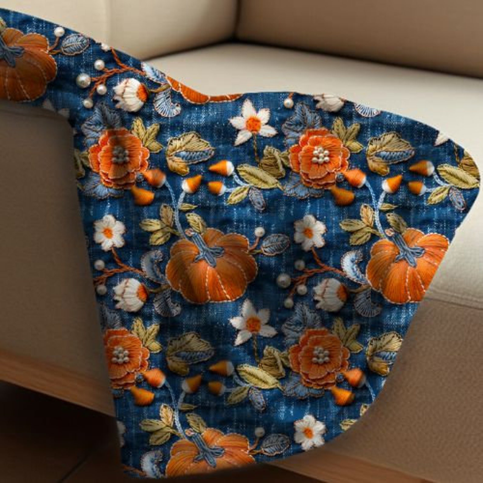 Fall Throw Blanket, Faux Denim and Faux Embroidery Pumpkins and Autumn ...