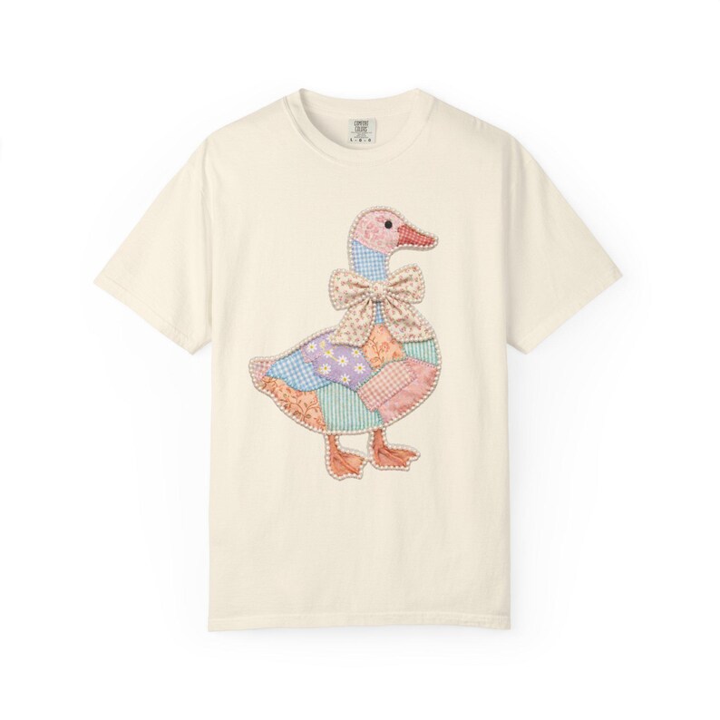 Comfort Colors Faux Patchwork Goose Shirt, Grandmacore Goose Graphic Tee, Cottagecore Bow Shirt, Vintage Cute Goose, Spring Tee for Women Ivory