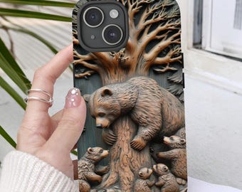 Cell Phone Case Carved Wood 3D Effect Bear Baby Bears Forest Phone Case for Nature Lovers Hikers Camping Phone Case  iPhone 17, Samsung 26