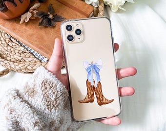 Vaquera coqueta, vaquera costera, botas de vaquera con lazo azul, funda para teléfono con vaquera occidental, funda para iPhone, funda para Samsung, funda transparente para teléfono móvil