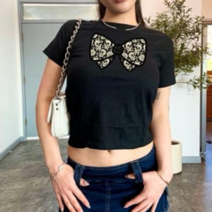 Sugar Skull Black Bow Baby Tee, Dark Coquette Y2K Baby Tee, Gothic Baby Tee, Goth Women&#39;s Baby Tee, 90&#39;s Aesthetic Baby Tee