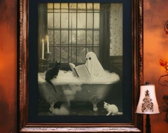 Geister Lesung in der Badewanne Wand Kunst Badezimmer Dekor Buch Liebhaber Geschenk Gruselige süße Katze mit Geister Schaumbad Lesung Katzen Matte Poster