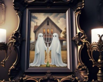 Den amerikanske bonden och hans fru som spöken, söta spöken på bondgården-poster, Halloweendekor, kuslig söt spökkonst, matt poster med spöken