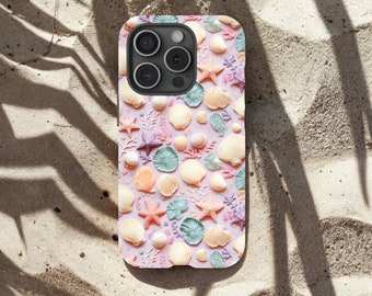 Seashells Phone Case, Faux 3D Pastel Seashell Tough Phone Case, Pretty Summer Beach Cell Phone Case, iPhone, Samsung, Pixel Phone Case