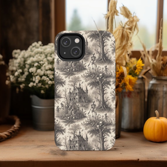 Halloween Toile de Jouy Phone Case, Custom Skeleton Gothic Cell Phone Case, Goth iPhone 17, Samsung 24, 25 Protective Cell Phone  Case