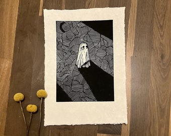 Incisione su linoleum “GHOST”, poster da parete con stampa su linoleum, fatto a mano, edizione limitata firmata, in bianco e nero su carta di alta qualità