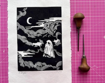 Linocut poster “GHOST in the CLOUDS”: handmade wall art, dark aesthetic, limited edition, DIN A4