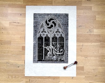 Linocut "Spooky Time" Gothic art print with pumpkin & skull