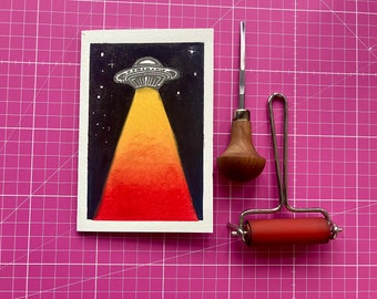 Folding card "Ufo" linocut, handmade, printed on high-quality handmade paper, personalizable e.g. as a birthday card approx. DIN A6