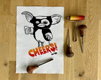 Linocut Monster "Cheers" hand-signed limited edition art