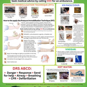 May include: A colorful infographic with illustrations of venomous creatures, such as snakes, spiders, and jellyfish, and instructions on how to apply the Pressure Immobilisation Technique (PIT) for venomous bites and stings. The infographic also includes information on DRS ABCD, first aid for venomous bites and stings, and emergency contact numbers for Australia.