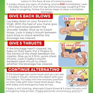 Puede incluir: Un gráfico informativo colorido con instrucciones sobre cómo realizar primeros auxilios a un bebé que se está ahogando. El gráfico incluye ilustraciones de los pasos para realizar golpes en la espalda, compresiones en el pecho y alternar entre los dos. El gráfico también incluye el número de emergencia 000 y el texto "Policía, Bomberos, Ambulancia".