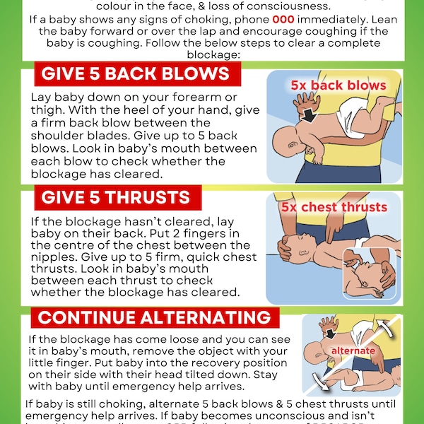 Erstickungsnotfall-Poster für Babys - Folgt den Richtlinien des Australian Resuscitation Board (Säuglinge)