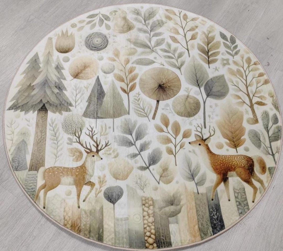 Small Round Forest Rug Woodland Nursery Rug Round Forest Animals Deer Design Nature-inspired ...