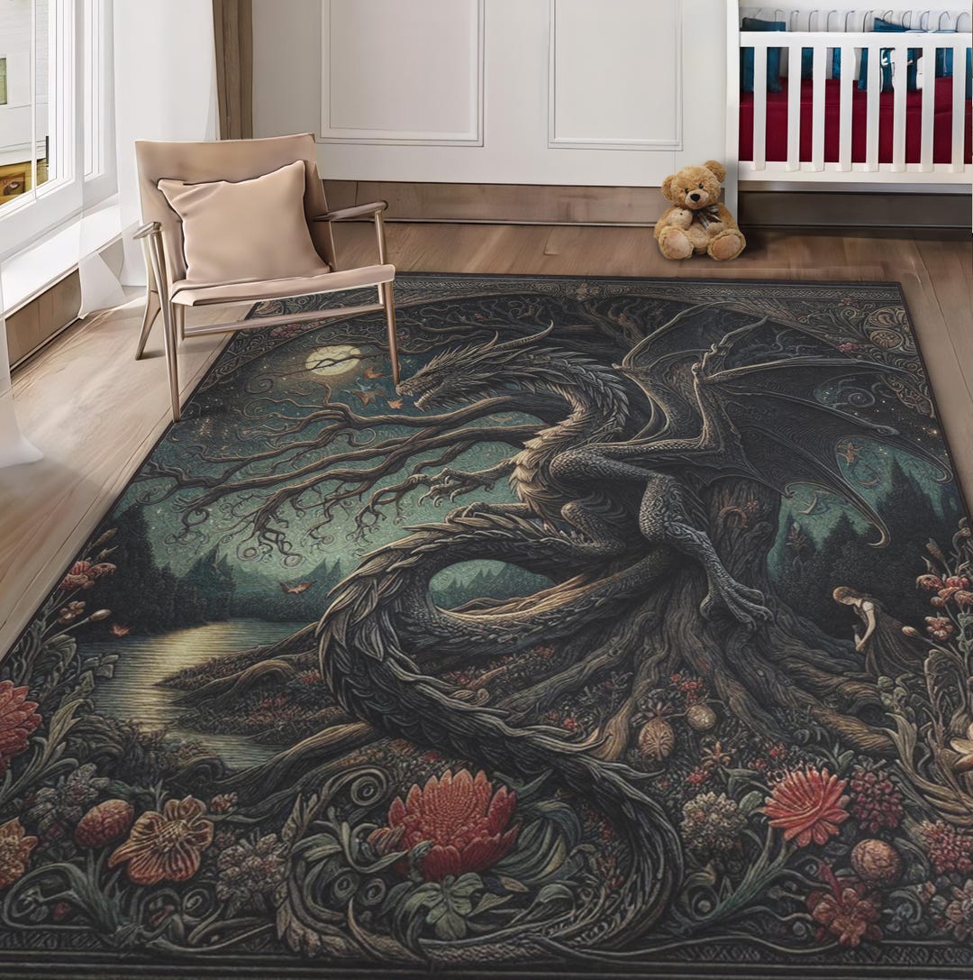 Gothic Dragon Rug, Fantasy Dragon Rug, Dark Academia Rug, Enchanted ...