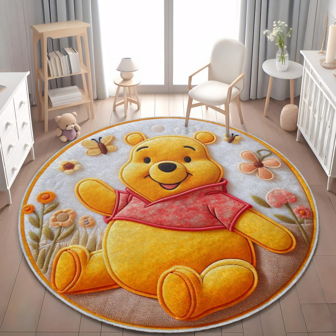 Winnie the Pooh Rug for Kids Room, Adorable Pooh Bear Round Nursery Rug ...