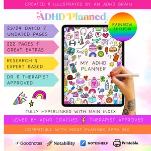 ADHD Planner by an ADHDer for Adults, Digital for iPad, Goodnotes and Print. Trackers, Self-Care , Habits and Business. Rainbow Edition.