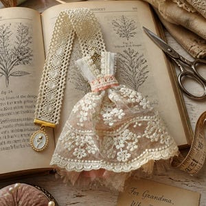Op de afbeelding: Een miniatuur jurk-ornament gemaakt van crèmekleurig kant en tule, voorzien van een delicate perzikkleurige tailleband. Een lang kanten lint loopt vanaf de jurk en eindigt in een goudkleurige ovale hanger met een witte roosmotief.