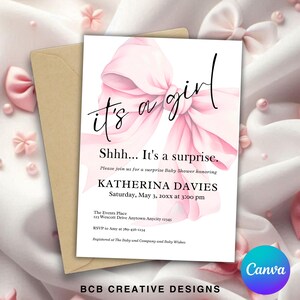 Kokette Überraschungs-Babyparty-Einladung, rosa Schleife-minimalistisch, Babyparty einladen, druckbare Babypartykarte, Baby Girl-Duschethema