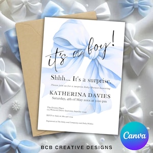 Kokette Überraschung Babypartyeinladung, blaue Schleife Minimalist, Babyparty einladen, druckbare Babypartykarte, Baby Jungen-Duschethema