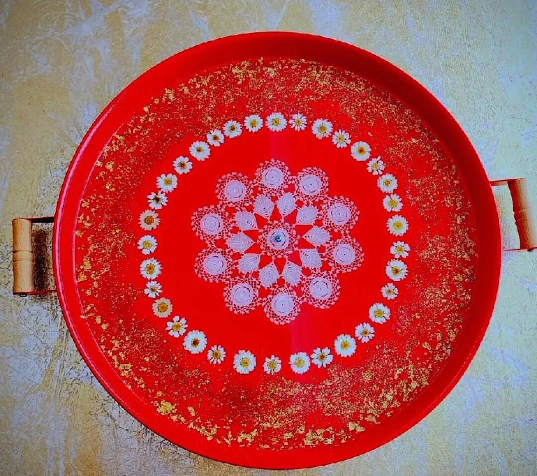 EPOXY HANDMADE TRAY Daisy Tray Lace Tray. Red Tray Etsy