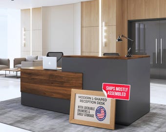 OfficeSimpli L Shaped Reception Desk with Counter - 78.5x40.5x42 Inch, Made in USA, Ship Mostly Assembled, Front Desk Reception Counter