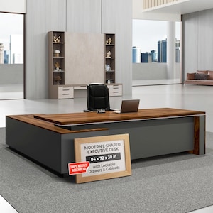 Modern L Shaped Executive Desk, 84x72x30 Inch - Made in USA – Ships Mostly Assembled - Large CEO Desk Table with Cabinets & Lockable Drawers