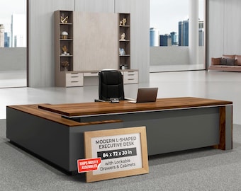 Modern L Shaped Executive Desk, 84x72x30 Inch - Made in USA – Ships Mostly Assembled - Large CEO Desk Table with Cabinets & Lockable Drawers