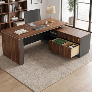 May include: A large, modern wooden desk with a dark brown finish. The desk has a built-in drawer unit with a key lock and a pull-out drawer. A computer monitor, keyboard, and lamp sit on the desk. The desk is in an office setting.