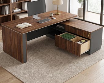 Modern L-Shaped Executive Desk with Lockable Drawers and Cabinets, Made in USA, 84 Inch Workstation