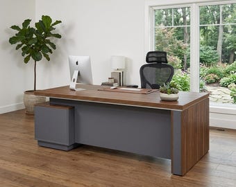 Modern L Shaped Executive Desk, 84x72x30 Inch - Made in USA – Ships Mostly Assembled - Large CEO Desk Table with Cabinets & Lockable Drawers