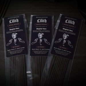 May include: Three packages of Lilith ritual incense. Each package has a black label with white text and an illustration of a woman. The text includes "Magichal Uses: Personal Power, Independence, Sensuality, Feminine Strength."