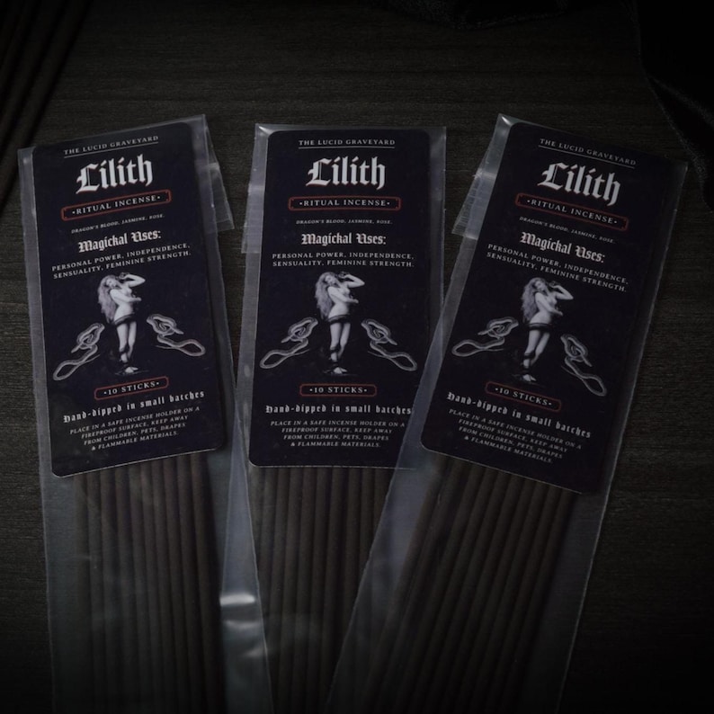 May include: Three packages of Lilith ritual incense. Each package has a black label with white text and an illustration of a woman. The text includes "Magichal Uses: Personal Power, Independence, Sensuality, Feminine Strength."