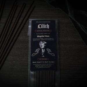 May include: Black incense sticks next to a package labeled "Lilith Ritual Incense" with text including "Magical Uses: Personal Power, Independence, Sensuality, Feminine Strength." The package also says "10 Sticks" and "Hand-dipped in small batches."