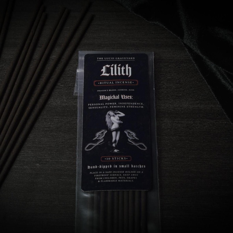 May include: Black incense sticks next to a package labeled "Lilith Ritual Incense" with text including "Magical Uses: Personal Power, Independence, Sensuality, Feminine Strength." The package also says "10 Sticks" and "Hand-dipped in small batches."
